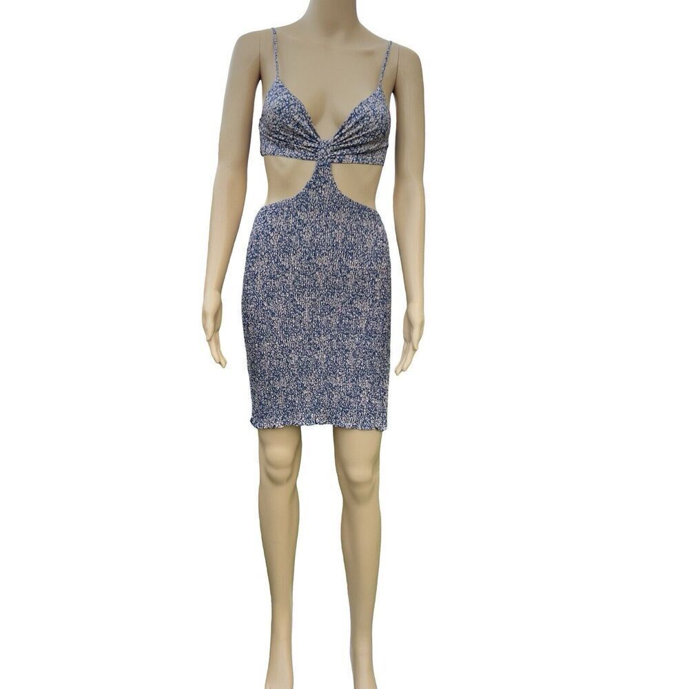 Blush BJ Women Floral V-Neck Spaghetti Strap Dress Summer Cut-Out Blue & Beige - Picture 7 of 11